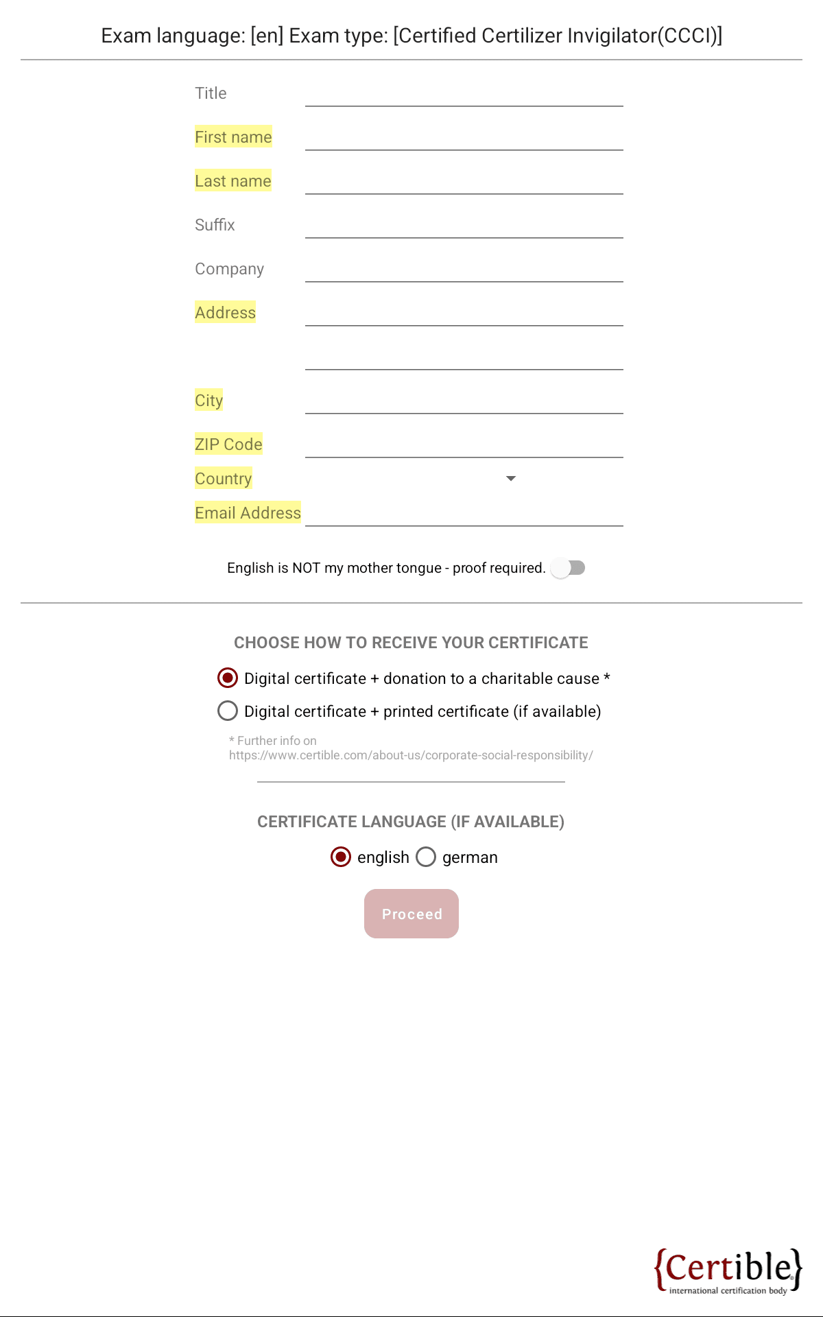 Registration form with required fields highlighted