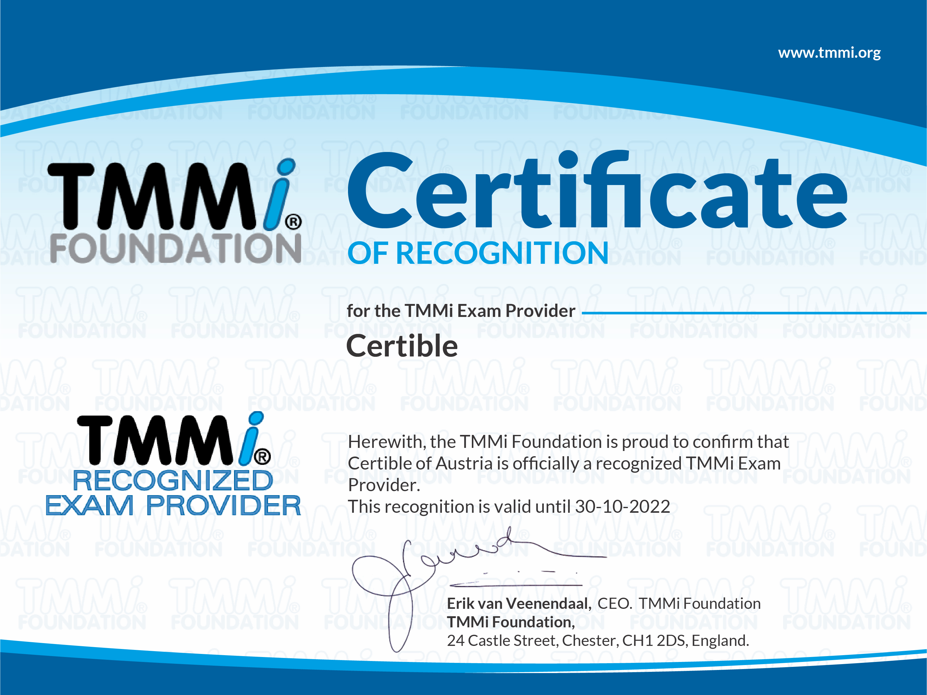 TMMi exam provider certificate